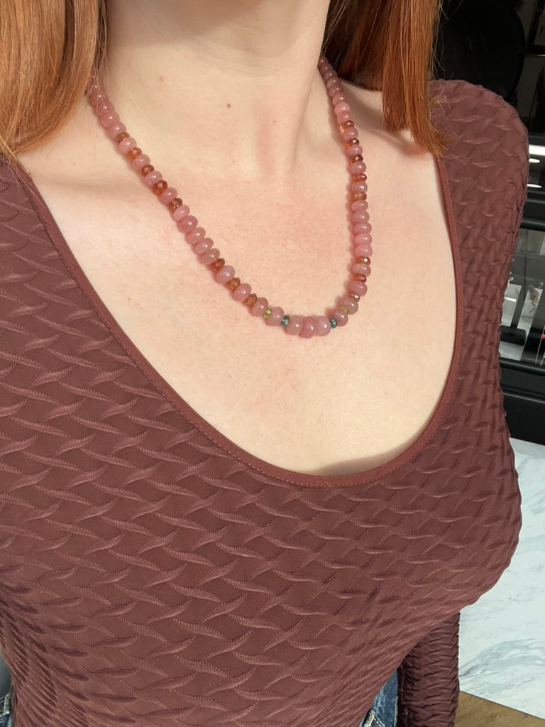 Guava Quartz, Tourmaline, and Brown Quartz Necklace