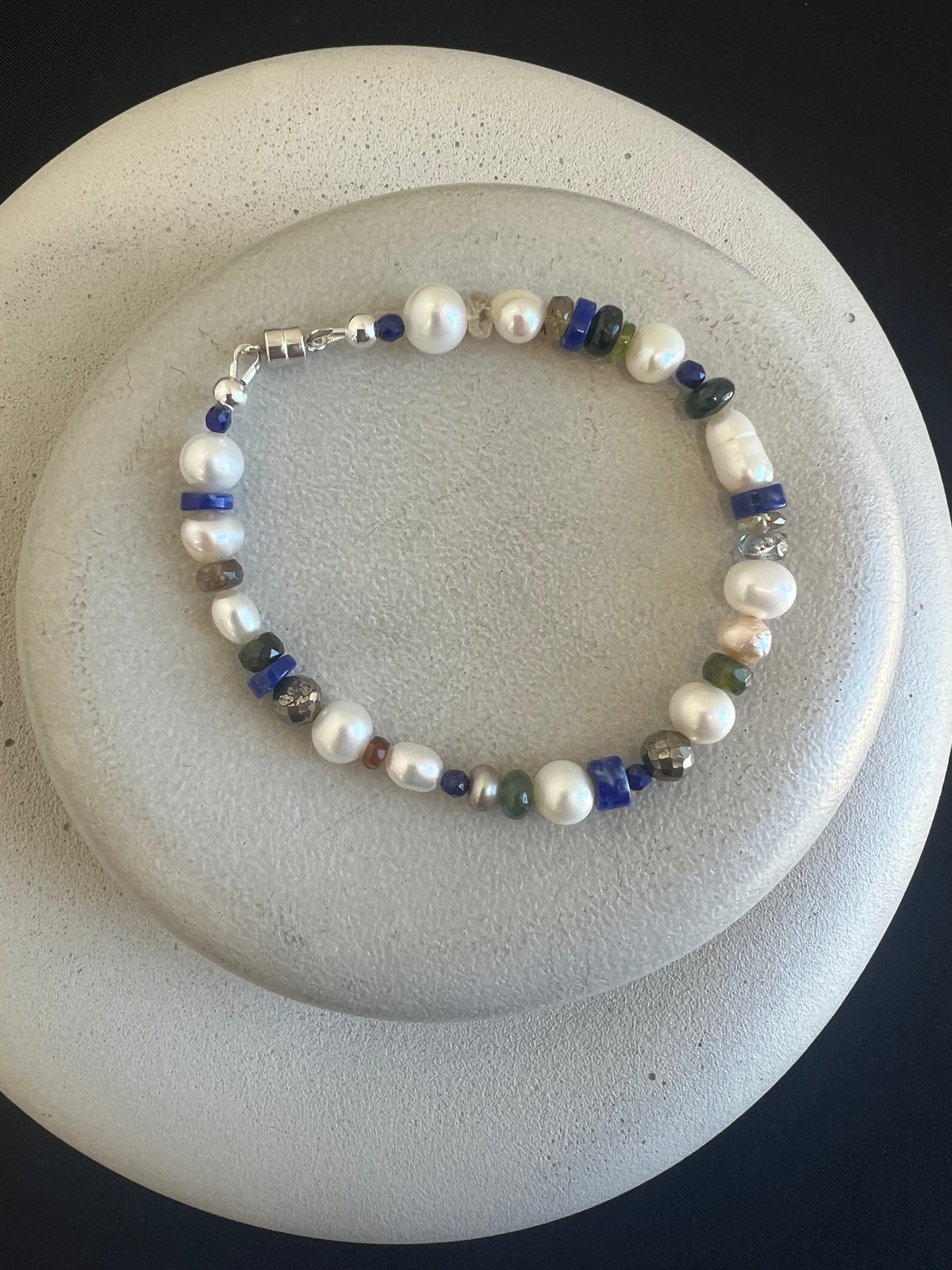 Pearl, Lapis, Tourmaline, and Quartz Bracelet