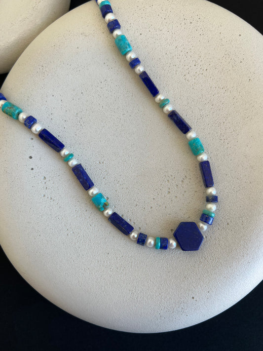 Turquoise, Lapis, and Pearl Necklace