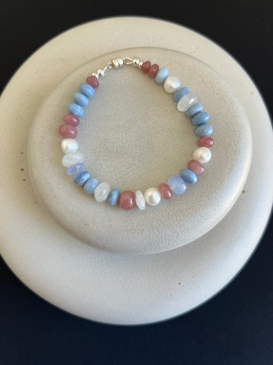 Blue Opal, Guava Quartz, Pearl, and Moonstone Bracelet