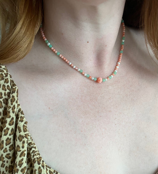 Coral, Pearl, and Chrysoprase Necklace
