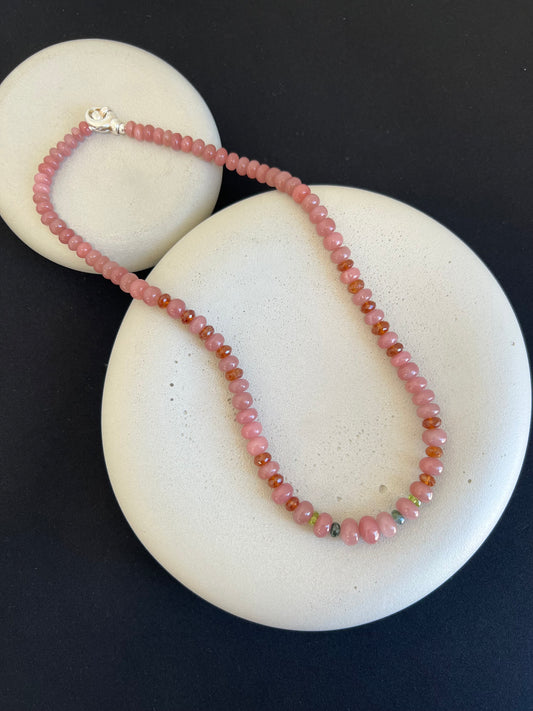 Guava Quartz, Tourmaline, and Brown Quartz Necklace