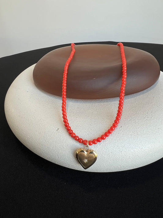 Heart Locket on Vintage Coral Necklace