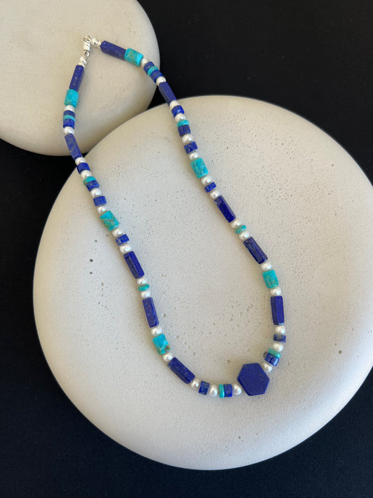 Turquoise, Lapis, and Pearl Necklace