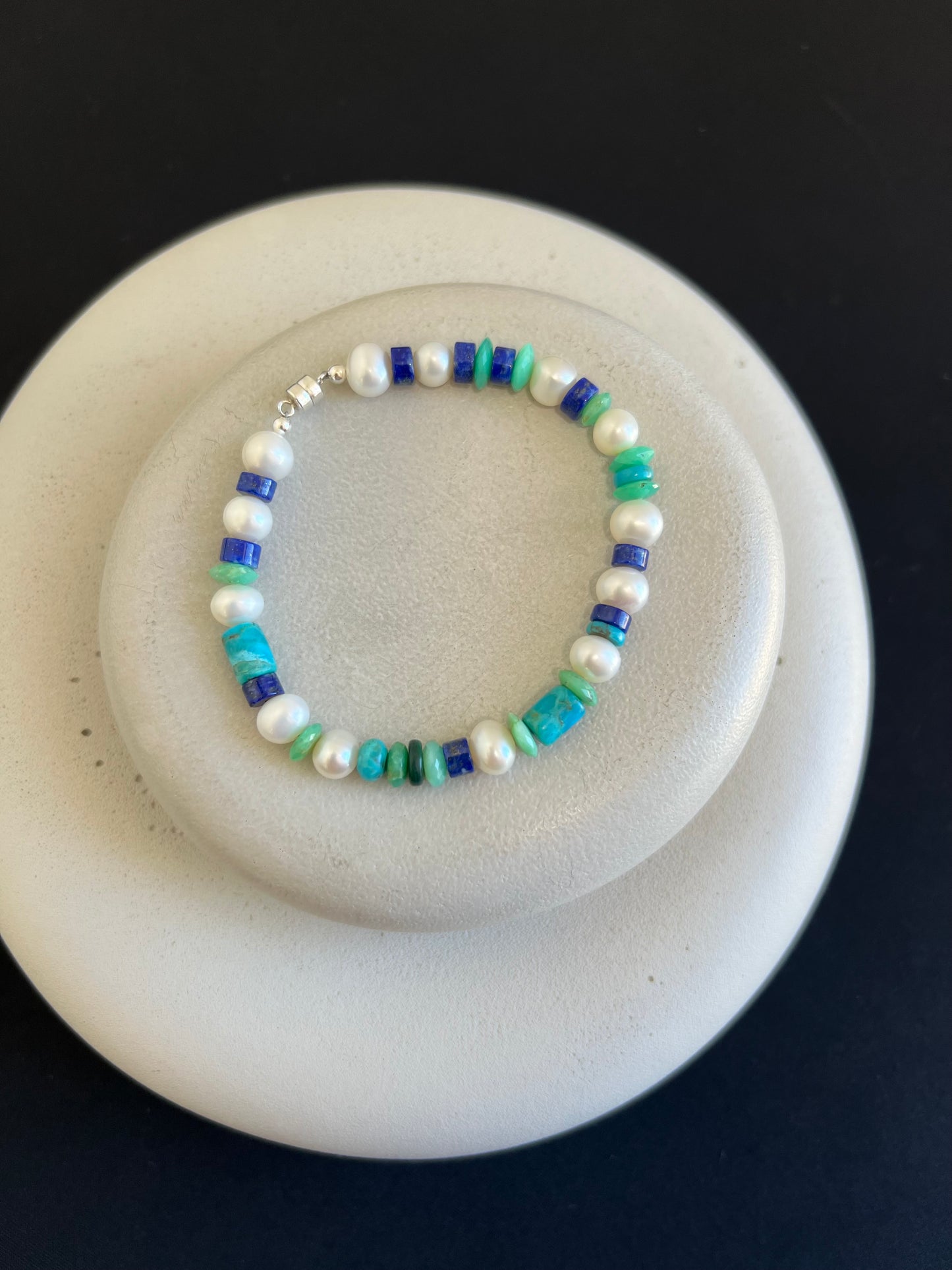 Lapis, Pearl, Turquoise, and Chalcedony Bracelet
