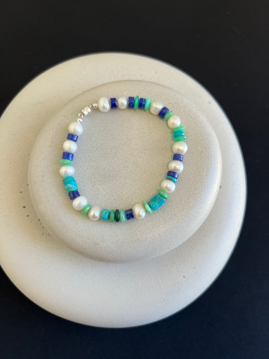 Lapis, Pearl, Turquoise, and Chalcedony Bracelet