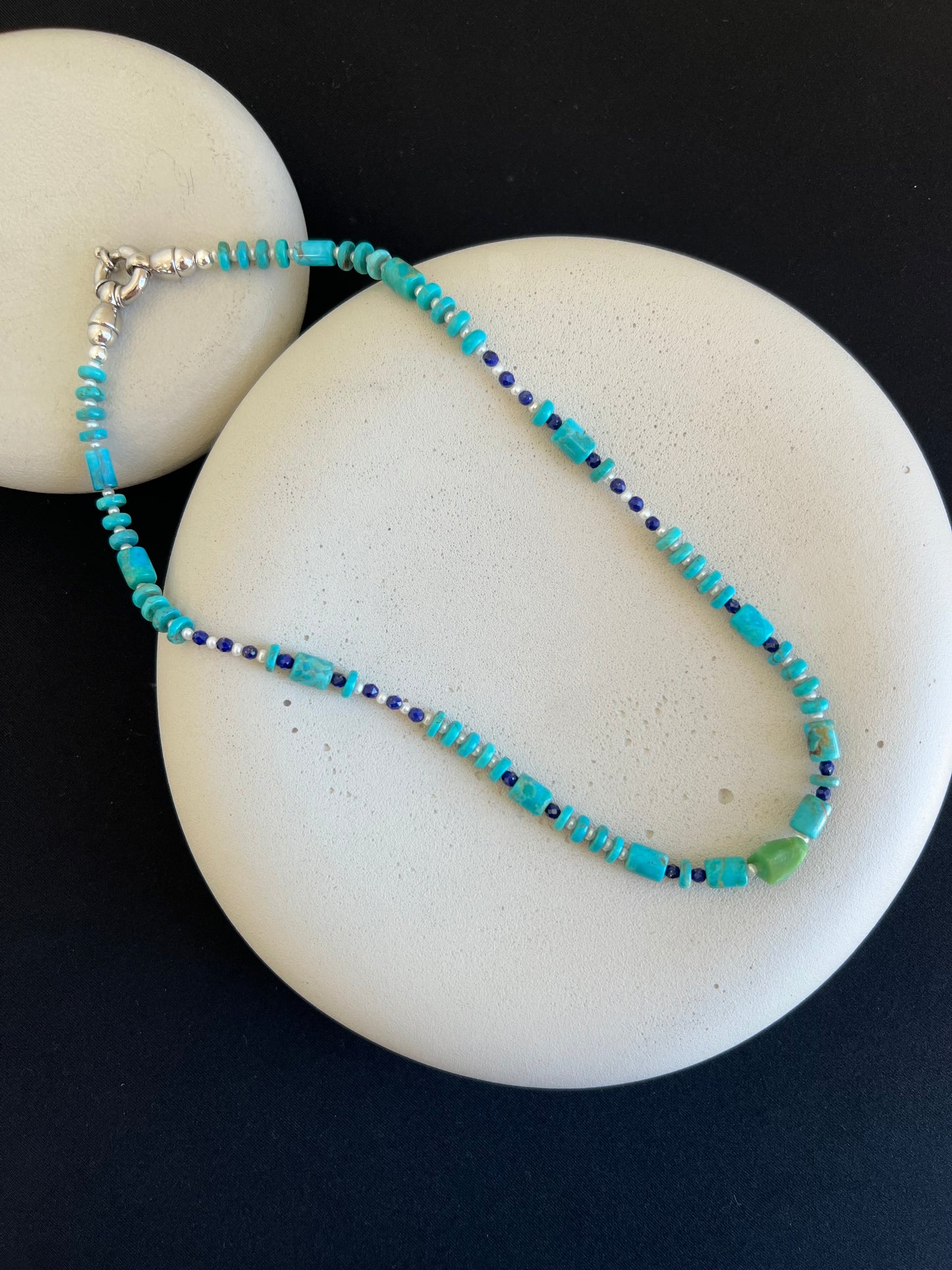 Turquoise, Lapis, Seed Pearl, and Emerald Necklace