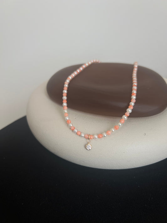 Pearl and Vintage Coral with Diamond Drop