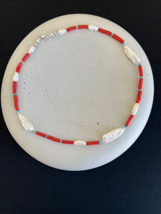 Pearl, Coral and Turquoise Necklace