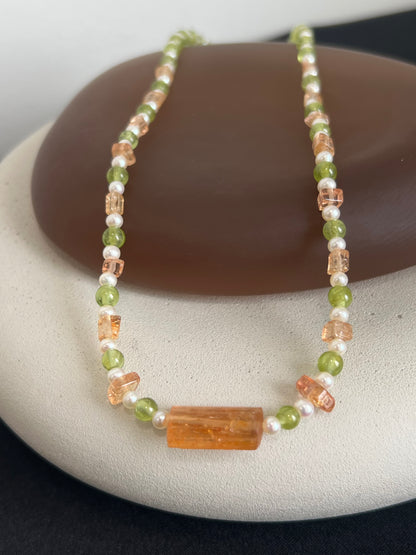 Imperial Topaz, Peridot, and Pearl Necklace