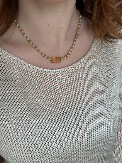Imperial Topaz, Peridot, and Pearl Necklace