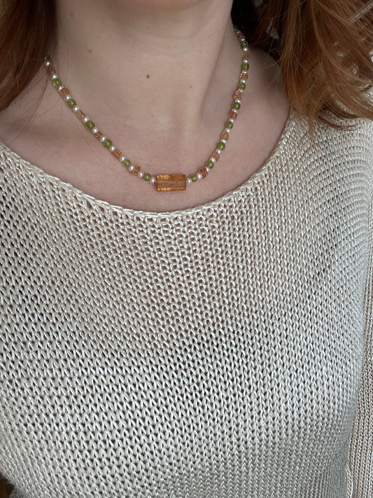 Imperial Topaz, Peridot, and Pearl Necklace