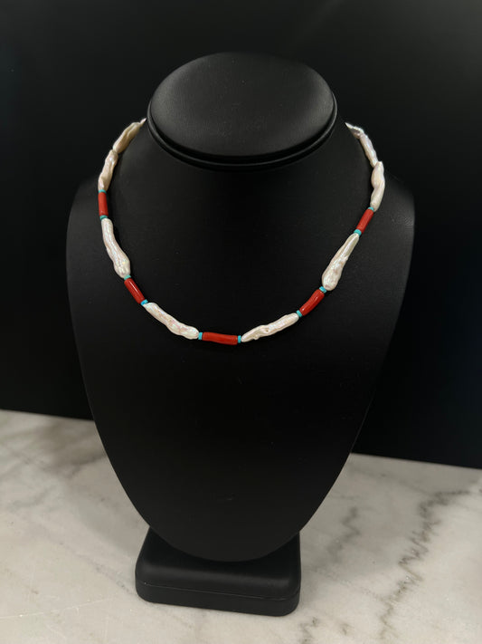 Pearl, Coral and Turquoise Necklace