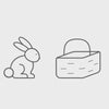 Hand drawn bunny jumping into a basket of confetti.