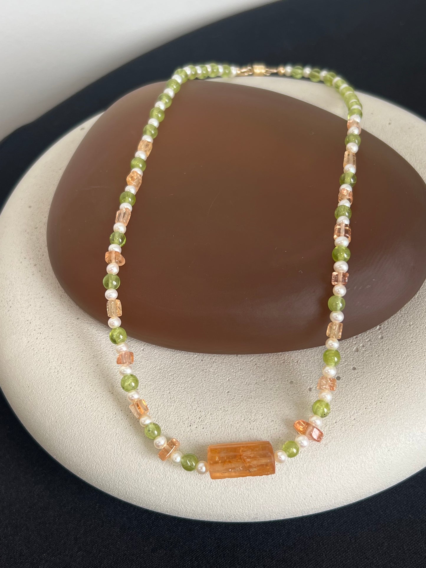 Imperial Topaz, Peridot, and Pearl Necklace