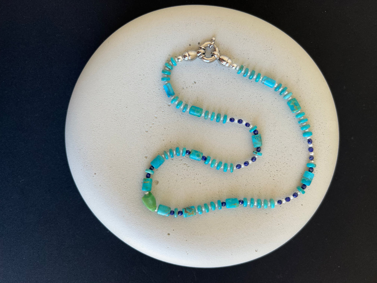 Turquoise, Lapis, Seed Pearl, and Emerald Necklace